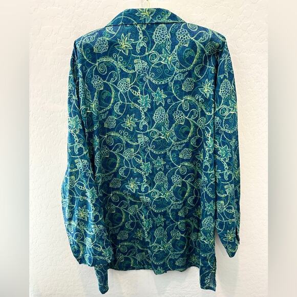 PERUVIAN CONNECTION Teal Floral Pima Cotton Shirt Button Down Top | Size Medium - Picture 4 of 7